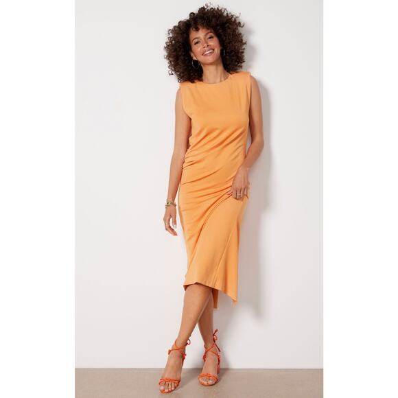 Evereve Dresses & Skirts - Evereve Zoe Strong Shoulder Ruched Midi Minimalist Slip Dress Orange Sorbet S